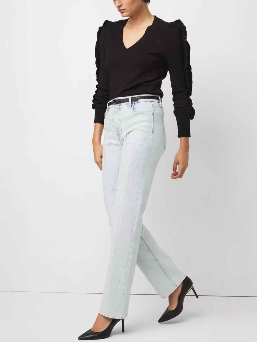 NWOT WHBM Light Wash rhinestone pin stripe Straight Leg Women Jeans -